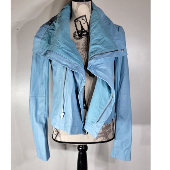 VEDA Asymmetrical Zip Leather Moto Jacket, Sky Blue, Women’s Size Medium - Picture 10 of 13